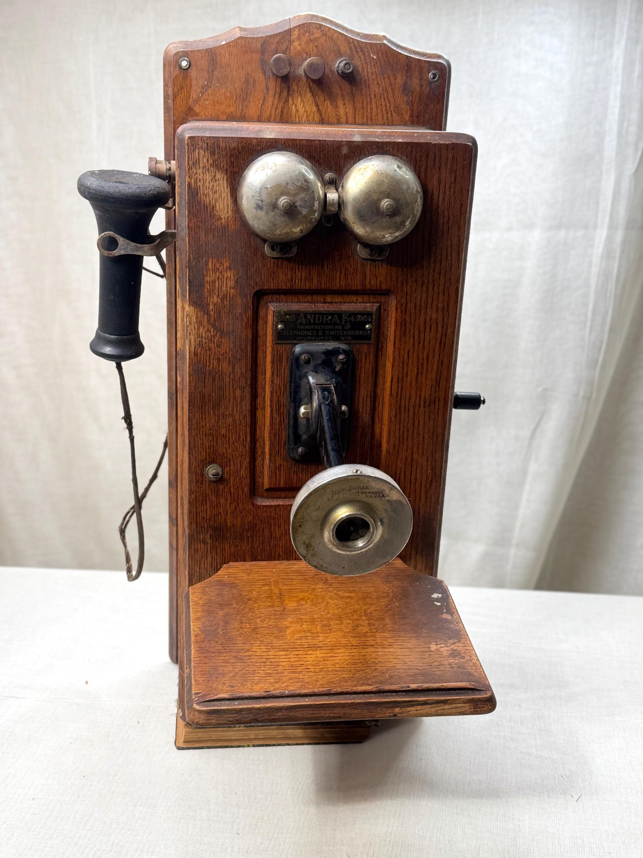 Antique 1915 J. Andrae Oak Wall Phone – Cathedral Top, Original