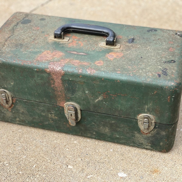 Vintage Rustic Metal Tackle Box with Contents.