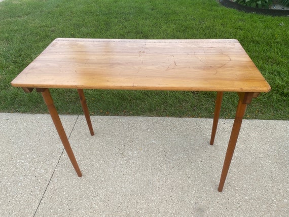 C1890 Antique Oak Folding Sewing Table W built in Tape Measure