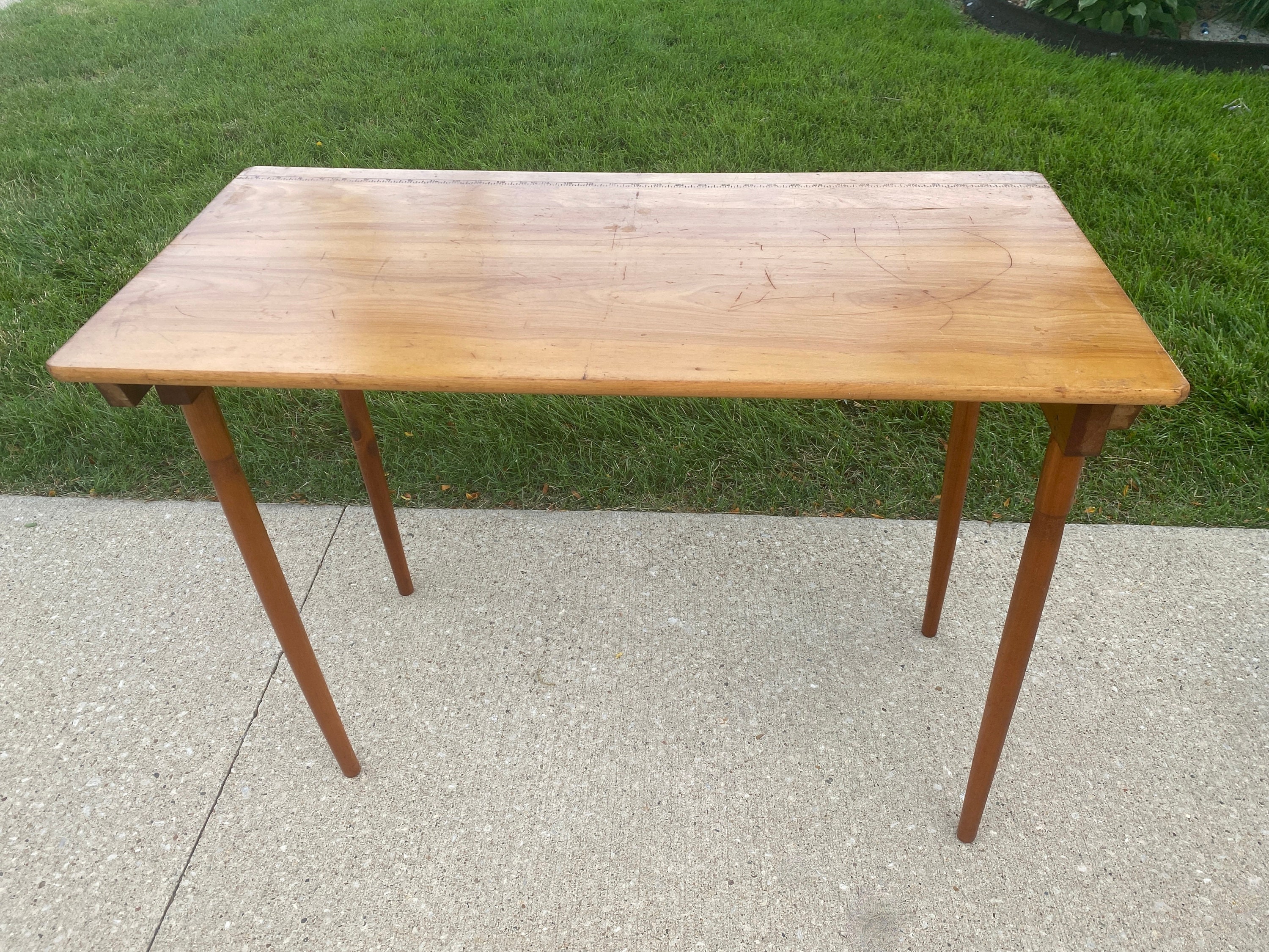 C1890 Antique Oak Folding Sewing Table W built in Tape Measure