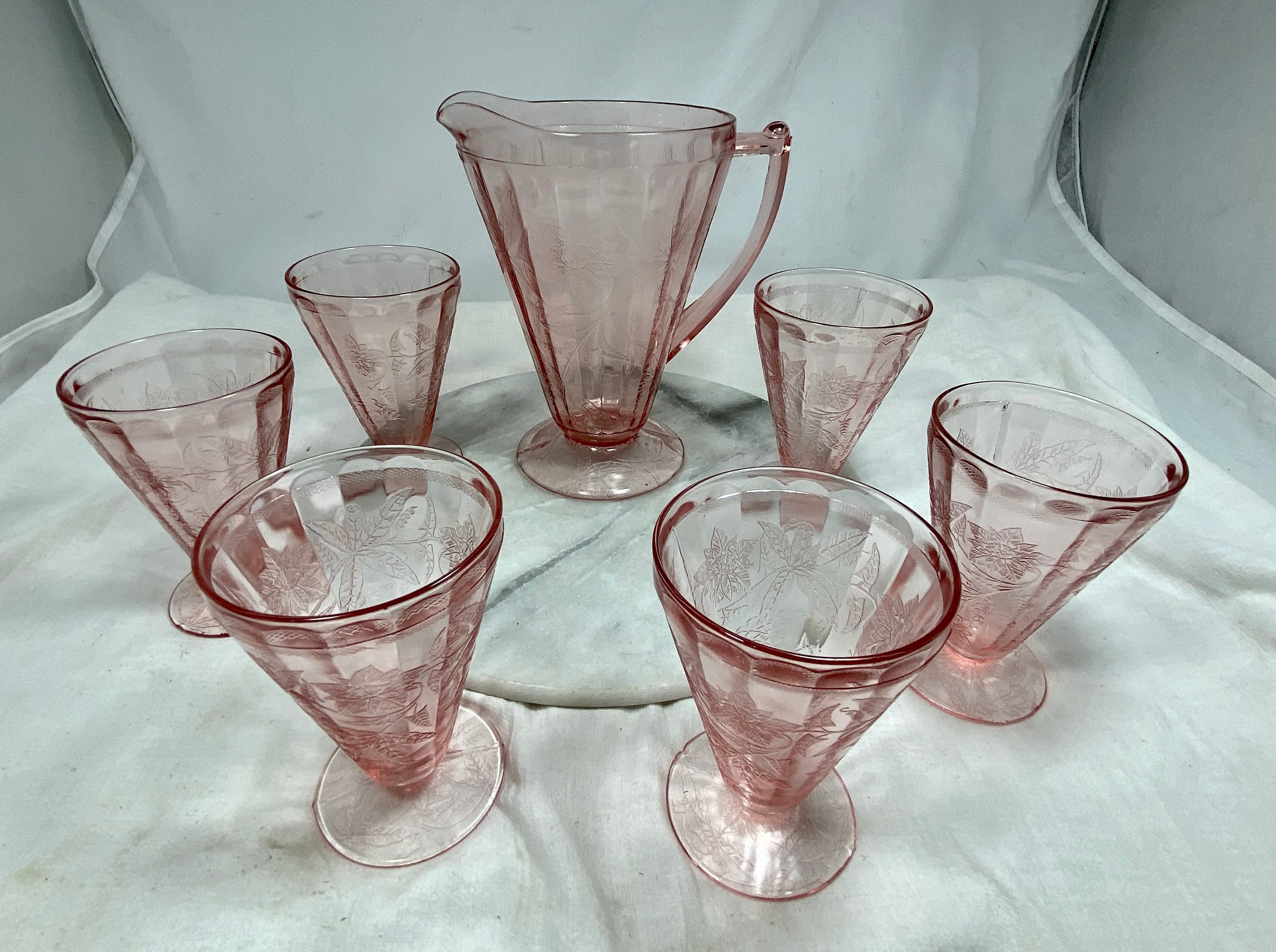 Jeanette Pink Depression Glass With Floral Poinsettia Pitcher