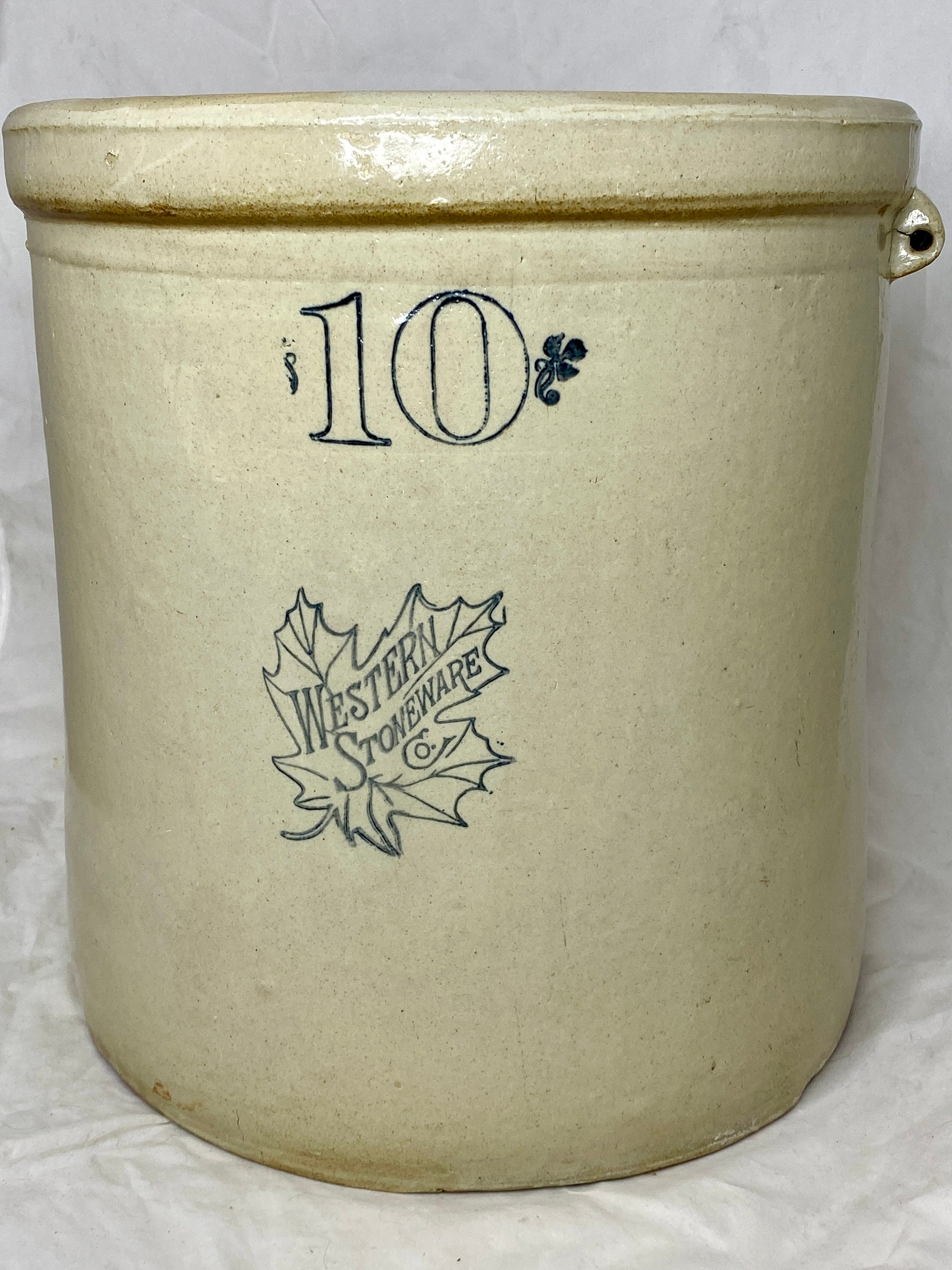 Antique 10 Gallon Western Stoneware Ceramic Crock with Maple Leaf design