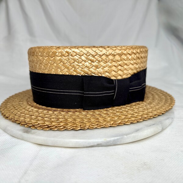 Antique Vintage 1920's Gordon Mens Straw Boater Hat, Skimmer Hat, Size 7 1/4