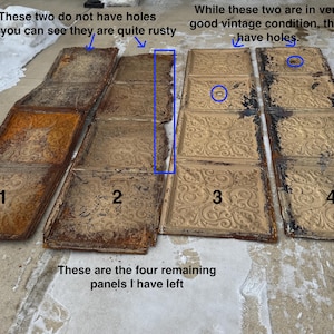 Antique Rustic Patina Metal Ceiling Tiles: Architectural Salvage, Set of Four 24x24