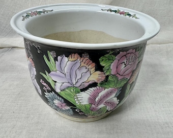 6.5" Asian Flower Pot, Chinoiserie Floral Pattern,  Hand Painted, Porcelain,  Stamped