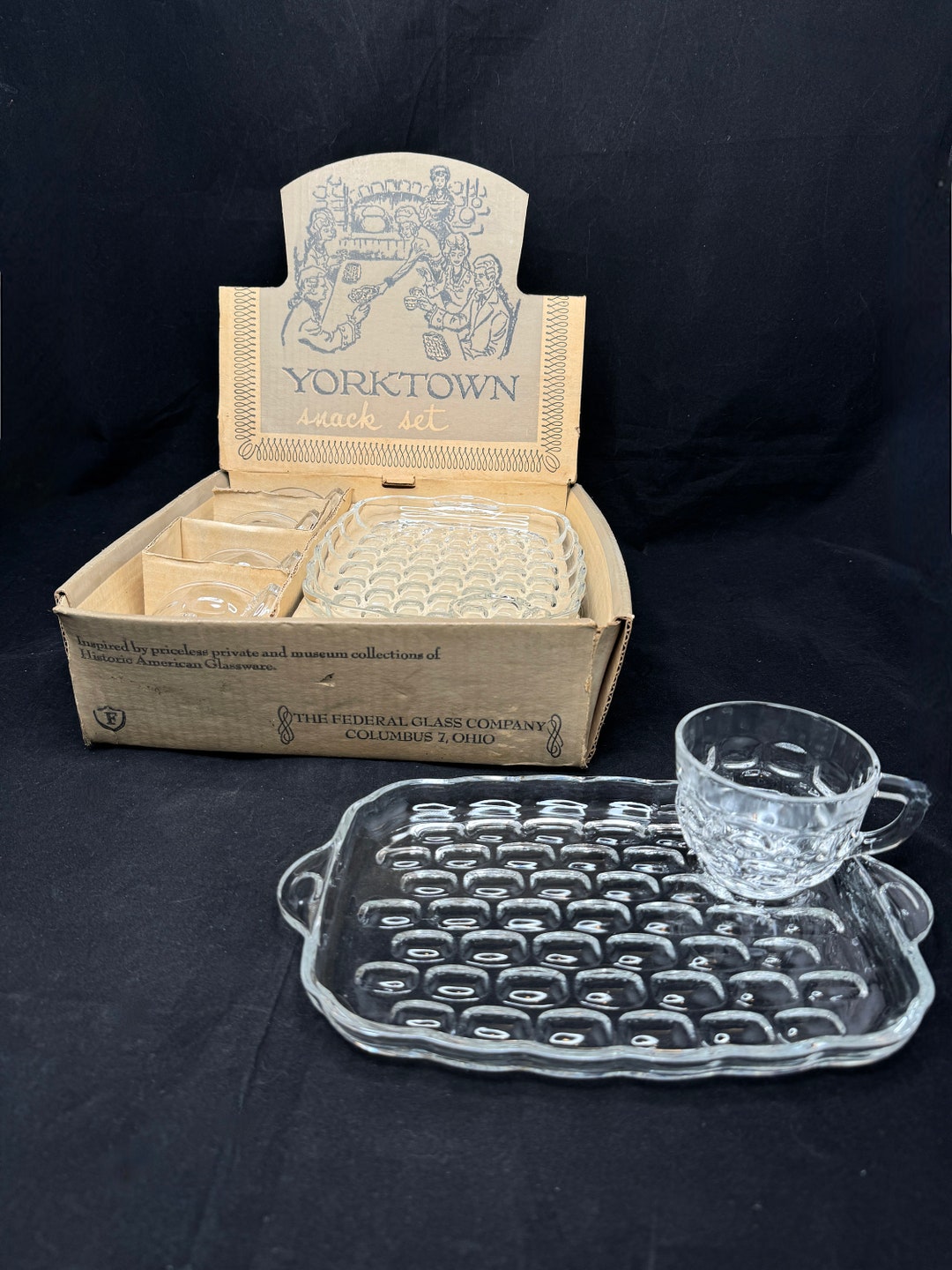 federal glasswear 5点セット　アンティーク　ヴィンテージ　お皿 Vintage Federal Glass Yorktown Snack Set With Original Box - Etsy