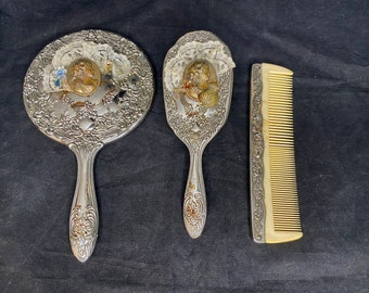 Antique Silverplate Mirror, Brush, Comb Three Piece Vanity  display picture 1