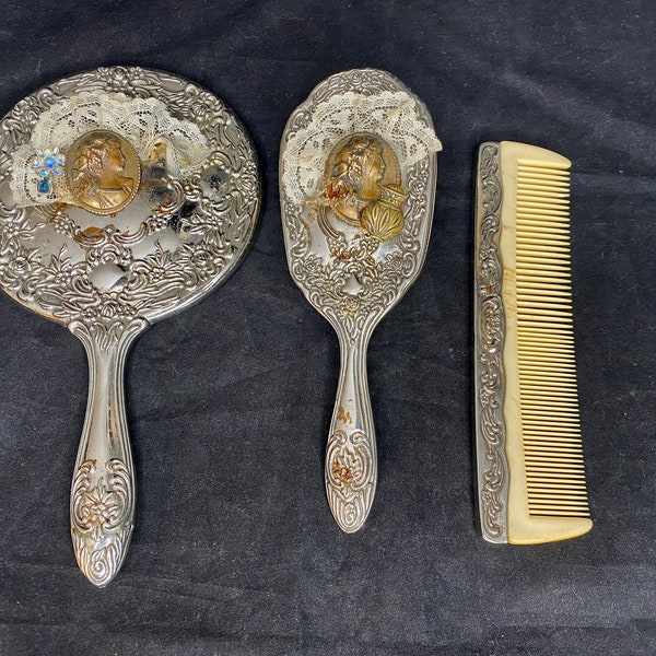 Antique Silverplate Mirror, Brush, Comb Three Piece Vanity Set