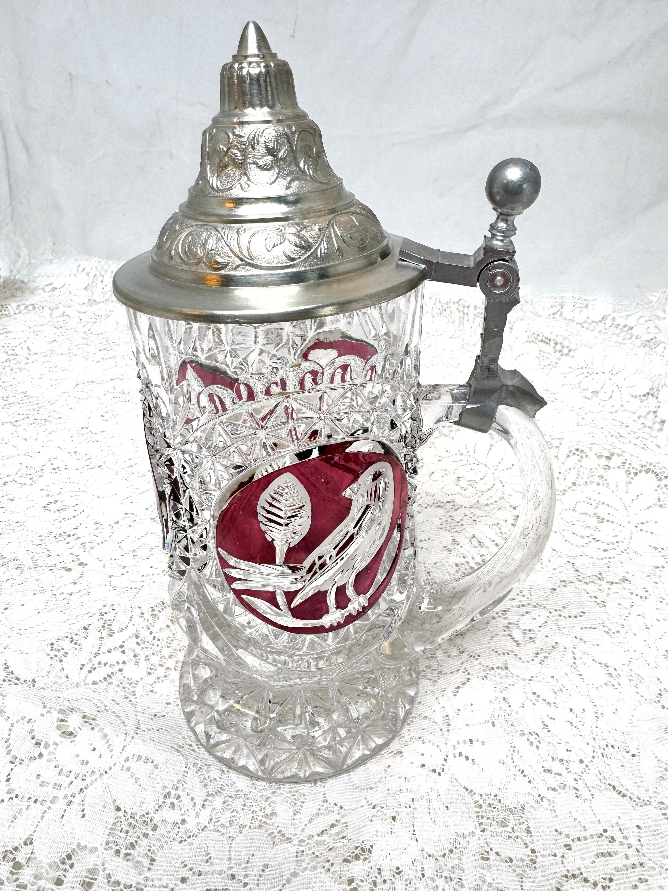 West German Bird in Cranberry Red Lead Crystal and Metal