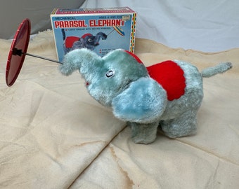 Vintage Wind Up Parasol Elephant Toy with Original Box  cica 1960-1970's  C.K. Japan