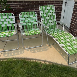 Vintage Mid-Century Modern Folding Aluminum Patio Chairs, Webbed Lawn Chair, Lawn Chairs, Beach Chairs, Lounge Chair
