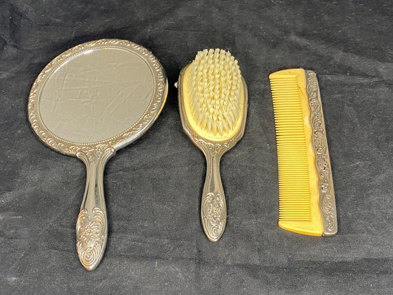 Antique Silverplate Mirror, Brush, Comb Three Piece Vanity  display picture 1