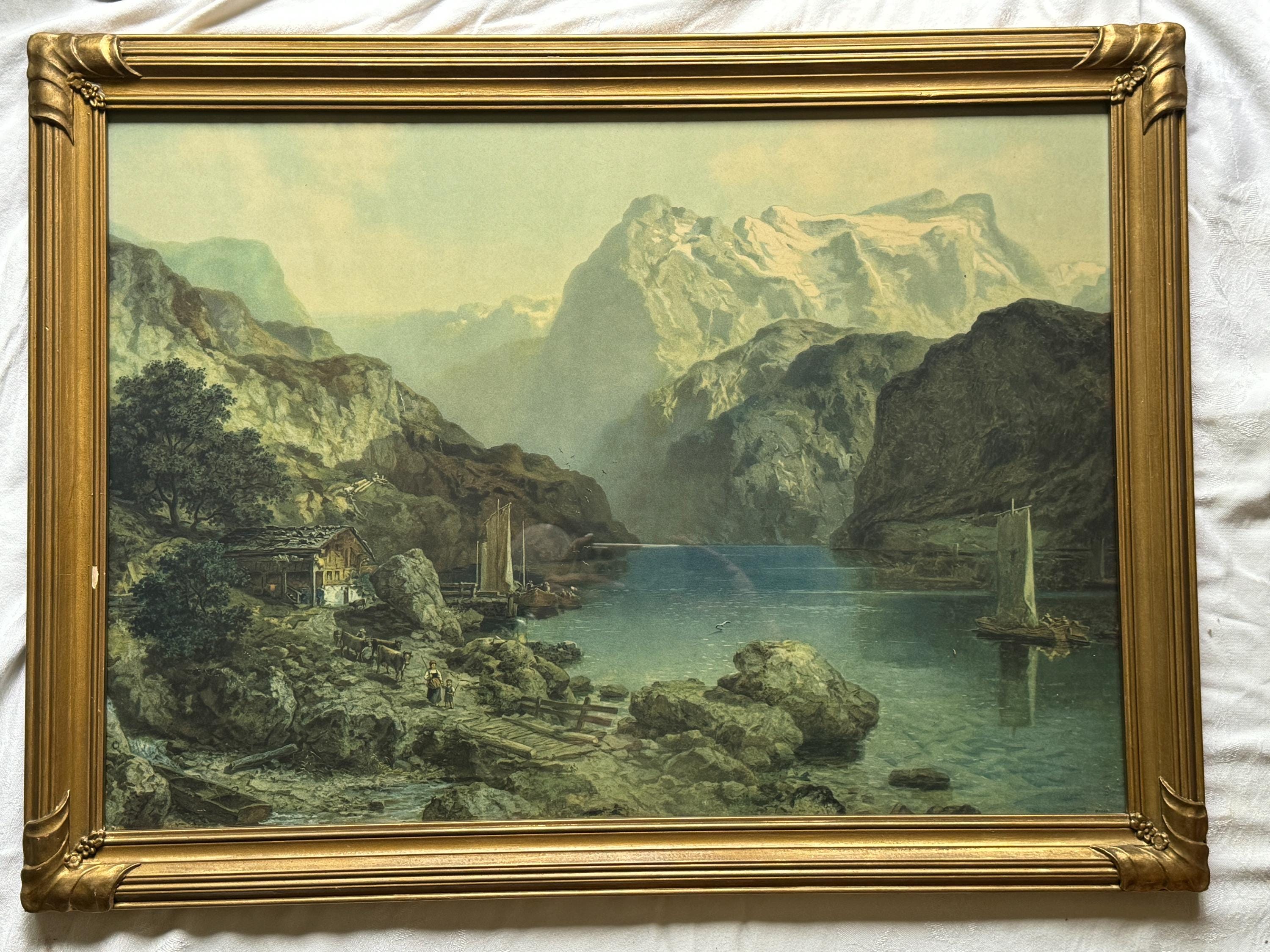 絵画 Lone Mountain Joseph Niklaus Bütler, (1822 -1885) Highland Lake/ Bernese