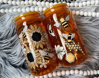Bee cup, Bling Lid, Rhinestone Lid, Coffee Cup, Iced Coffee Lover, Floral Glass, 16 oz. Glass Can, UVDTF Cup, Tumbler Gift, Sunflower Glass