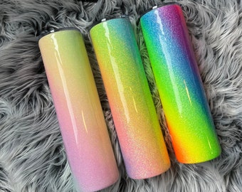 Rainbow Glitter, Epoxy Tumbler, Stainless Steel, Tumbler with straw, Gifts for her, Gifts for mom, Custom Made, Coffee Mug, Neon Sparkle