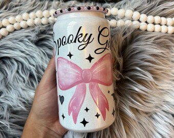 Spooky Girl Cup, Iced Coffee Glass, Pink Girlie Coffee Mug, Stainless Steel Can with Straw and Lid, Halloween Cup, 16 Oz Glass, Bling Lid