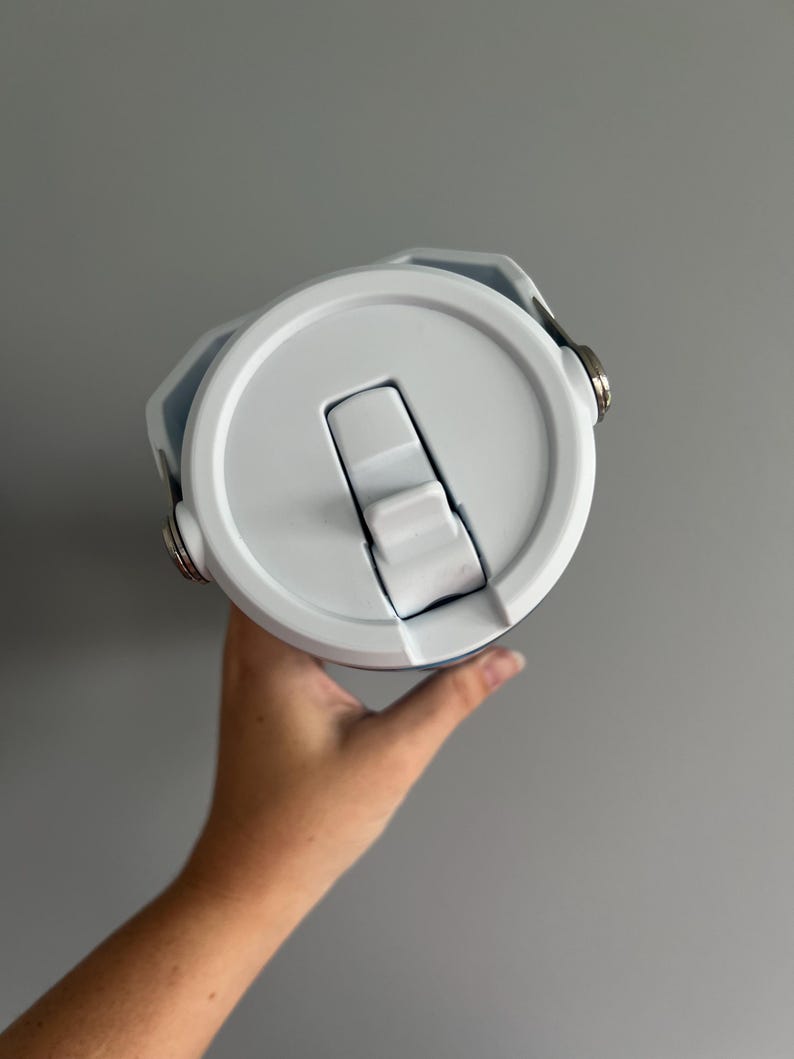May include: A white and light blue insulated water bottle with a flip-top lid. The lid is white with a built-in handle and a silver metal clasp. The bottle is held by a person's hand against a gray background.