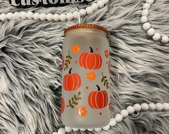 Fall Glass Can, Iced Coffee Lover, Coffee Lover Gift, Pumpkin Cup, 16 oz Glass, Trendy Autumn Tumbler