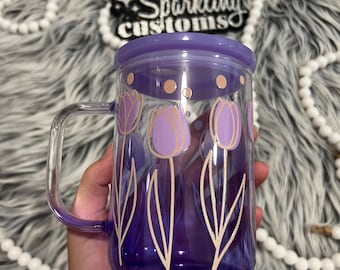 Tulip Glass Coffee Mug, 17 Oz Tumbler, Coffee Lover Gift, Stocking Stuffer, Iced Coffee Girlie, Floral Mug, Purple Cup