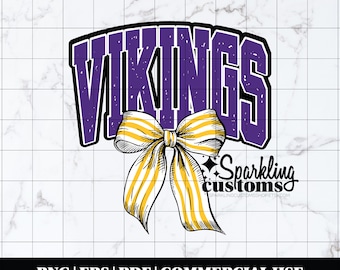 May include: A digital graphic featuring the word "VIKINGS" in purple with a black outline, above a yellow and white striped bow. The image includes the text "INSTANT DOWNLOAD" and "Sparkling customs" with "PNG | EPS | PDF | COMMERCIAL USE" at the bottom.