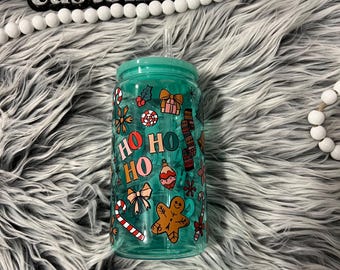 Christmas Cup, Iced Coffee Glass, Gift for Her, Glass Can with Straw and Lid, Ho Ho Ho Tumbler, 16 Oz Glass, Holiday Cup, Christmas Lover