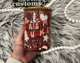 Christmas Junkie, Christmas Cup, Snowglobe Tumbler, Glitter Globe, Christmas Cookie Cup, Cup with Straw, Christmas Mug, Glass Coffee Mug
