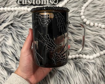 Skeleton Tumbler, Snowglobe Cup, Snow Globe, Black Cup, Glass Coffee Mug, Coffee Lover Gift, Bling Lid, Peace Sign Cup, Goth Tumbler
