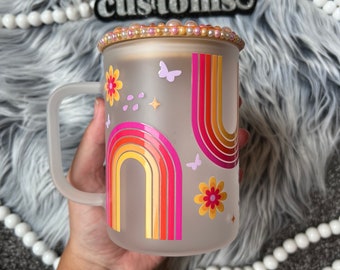 17 oz Mug, Coffee Lover Gift, Rainbow Glass, Glass Mug, Rhinestone Cup, Cup with Straw, Rainbow Tumbler, Pink Butterflies, Coffee Mug