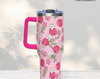 Kirschbecher, Edelstahlbecher, 40-Unzen-Griffbecher, Blumenbecher, rosa Becher, Geschenk für sie, epoxidfrei