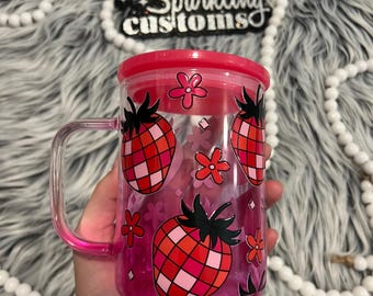 Strawberry Glass Coffee Mug, 17 Oz Tumbler, Coffee Lover Gift, Stocking Stuffer, Iced Coffee Girlie, Floral Mug, Pink Cup