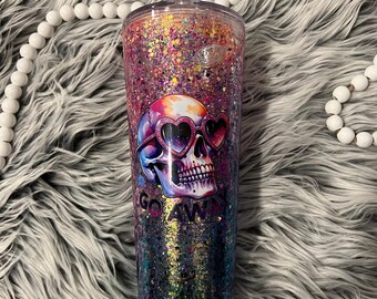 Go Away Tumbler, Funny Cup, Snowglobe Tumbler, Snow Globe Cup, Glitter Cup, 24 oz Acrylic Cup, Skull Tumbler, Iced Coffee Lover Gift