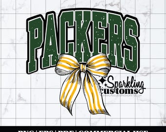 May include: A digital graphic design featuring the word PACKERS in a distressed dark green varsity font with a black outline. Below the text is a yellow and white striped bow illustration. The text INSTANT DOWNLOAD and PNG EPS PDF COMMERCIAL USE appear.
