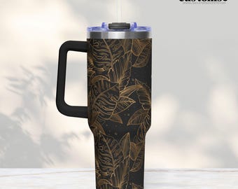 Monstera Tasse, 40 Unzen Griff Becher, Pflanzenliebhaber Geschenk, Schwarz und Gold Tasse, Stanley Dupe, Epoxy frei