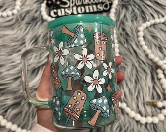 Floral Glass Coffee Mug, 17 Oz Tumbler, Coffee Lover Gift, Stocking Stuffer, Iced Coffee Girlie, Daisy Mug, Mushroom Cup