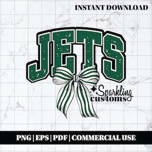 May include: A digital design featuring the word "JETS" in green block letters with a black outline, and a green and white striped bow. The words "INSTANT DOWNLOAD" and "COMMERCIAL USE" are also present.