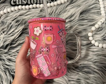 Coffee Lover Mug, Pink Glitter Cup, Snowglobe Cup, Snow Globe, Iced Coffee Lover, Coffee Lover Gift, Trendy Glass Mug, 15 oz Mug, Bling Lid