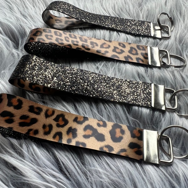 Key Fob Wristlet, Faux Leather, Glitter Lanyard, Cheetah Print, Gold Keychain, Gifts for Best Friend, Bridesmaids Gift, Teacher Appreciation