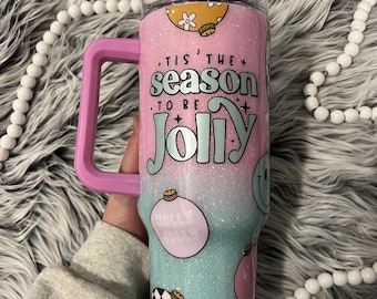 Tis the Season to be Jolly, Christmas Tumbler, 40 oz Tumbler, Pastel Glitter Cup, Tumbler with Handle, Dupe Tumbler