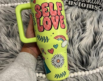 Self Love Tumbler, 40 oz. Handle Cup, Leakproof Tumbler, Floral Cup, Lime Green Cup, Mental Health Tumbler