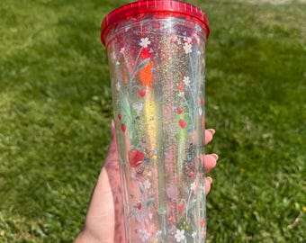 Strawberry Cup, Snowglobe Tumbler, Pooh Tumbler, Winnie Cup, Snow Globe Cup, Summer Themed Drinkware, 24 oz Cup