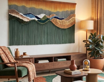 May include: A living room scene featuring a large, textured wall hanging with a mountain landscape design in shades of green, gold, and blue. A green armchair with a brown throw blanket sits near a patterned rug. A wooden media console and coffee table complete the decor.