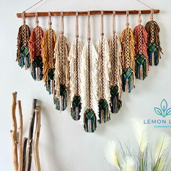 Macrame peacock feather wall hanging, boho home decor, rustic feather home decor, fiber wall art, housewarming gifts, gifts for mothers