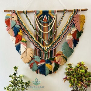 large boho colored macrame wall hanging, macrame feather wall hanging, gift for mom, home decoration, nursery decoration, leaves on the wall