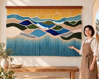 Large Woven Wall Hanging, Abstract Landscape Fiber Art, Blue Green Boho Textile Decor, 150 x 95 cm