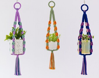 Makramee Pflanzenhänger Mit Lichterkette - 100 Cm, Elfenbein, Handgewebt Aus Baumwolle, Mit Holzperlen & Fernbedienung