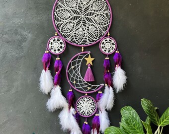 Pretty Jolly Purple Star Dream Catcher - Handmade Pompom Feather Wall Decor For Kids Room - View #6