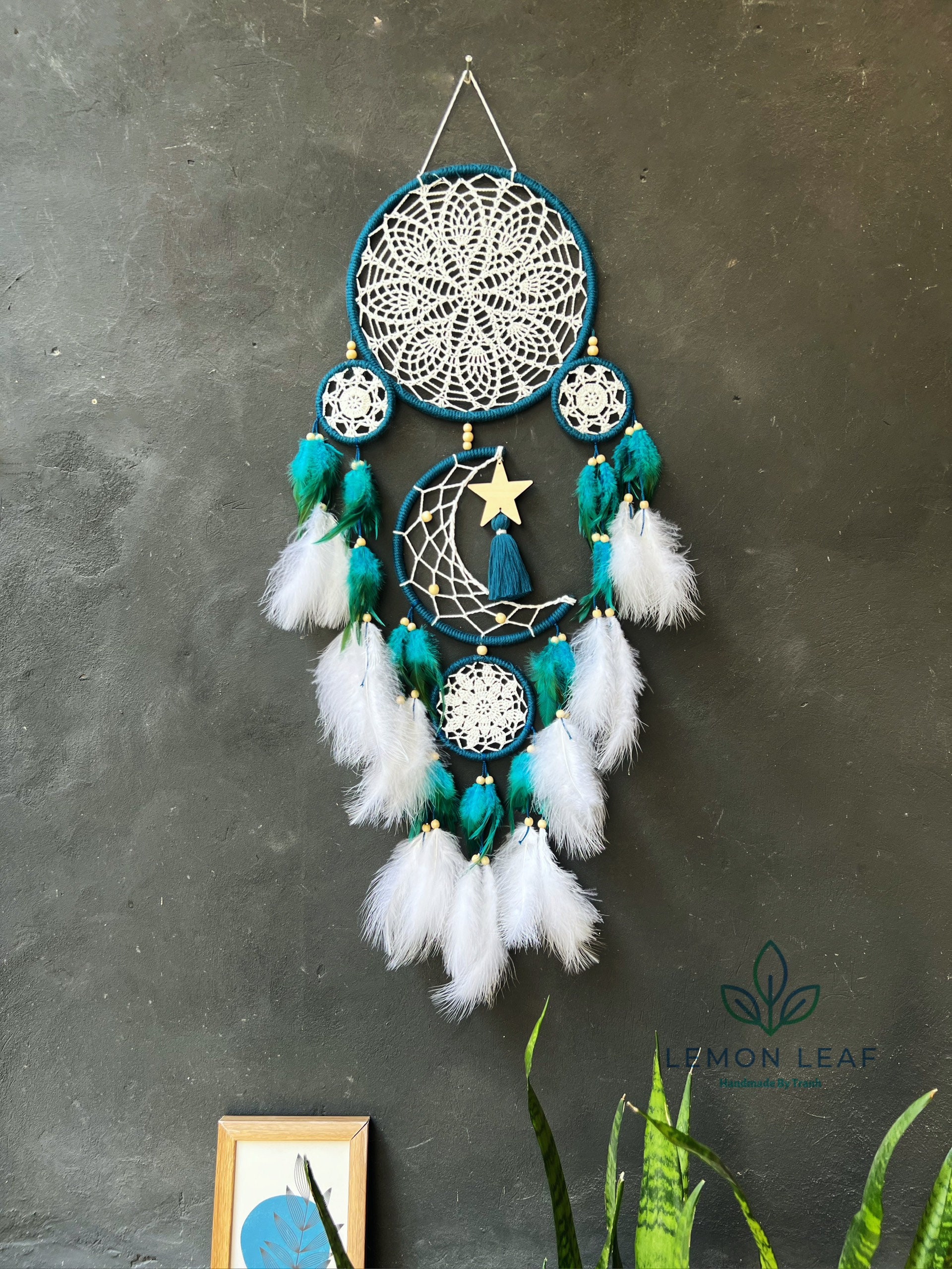 Moon Star Dream Catcher Set - 2pcs Boho Macrame Wall Hanging With LED Lights, Blue Cotton Decor For Bedroom, Nursery, Gift - View #2