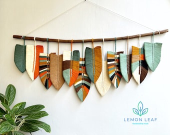 large boho colored macrame wall hanging, macrame feather wall hanging, gift for mom, home decoration, nursery decoration, leaves on the wall