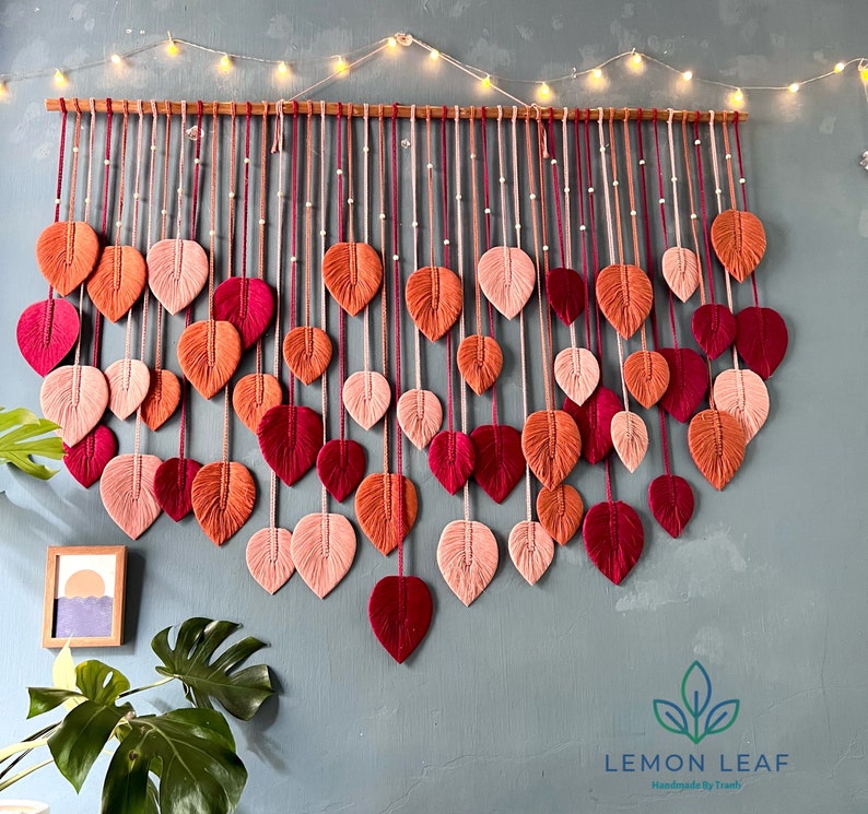 Large Wall Hanging Macrame Feathers Colorful Macrame Leaves Etsy