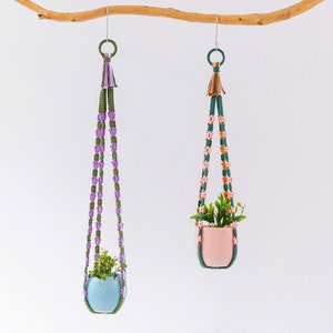 Pode incluir: Dois suportes de plantas de macramé com padrões e borlas de cores diferentes. Um é roxo e verde, o outro é laranja, rosa e verde. Ambos os suportes têm pequenas plantas em vasos azuis e cor-de-rosa.